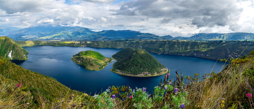 Laguna Cuicocha, beautiful blue lagoon with islands inside the crater of the Cotacachi volcano, Ecuador