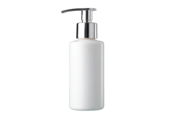 Sleek white dispenser bottle with a shiny silver pump top shown against a solid  isolated on transparent background, perfect cutout, PNG