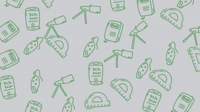 Animated education pattern displaying minimal icons of study tools and geometry equipment. Great for digital learning, teaching resources, or academic media