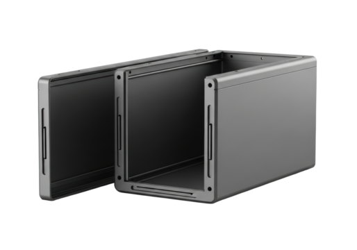 A sleek, modern, rectangular matte charcoal grey anodized aluminum storage container with seamless latches, standing open on a transparent background with bokeh. Concept of data security