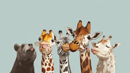 Quirky Interaction of Four Giraffes and a Playful Bear on a Funny Thank You Card, Ideal for Creative Projects Inspiring Happiness and Whimsy.