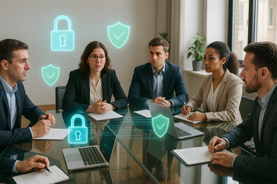 A group of people are sitting around a table with a green lock on the table