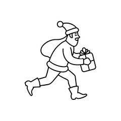 Santa running with gift outline on transparent background