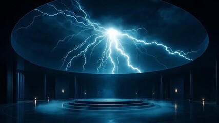 Electric Storm Over Central Stage in Futuristic Dark Hall with Dome Ceiling and Blue Lighting - Powered by Adobe