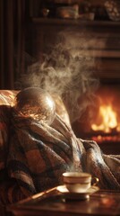 Reflective disco ball on colorful blanket, with steaming cup nearby and warm fireplace in background, creating a cozy and inviting ambiance for relaxation