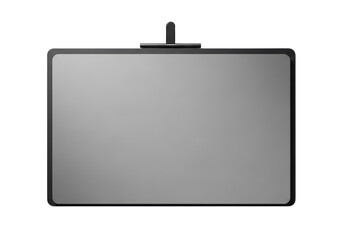 Obraz premium Two charcoal grey polymer sheets, held by a matte black magnetic clip, perfectly aligned on a bright white studio background with copy space, concept of precision and modern elegance