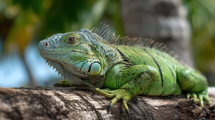 Stunning Green Iguana Basking in Caribbean Sunlight A Perfect Addition for Tropical Themed Projects, Boosting Tranquility and Exotic Appeal.