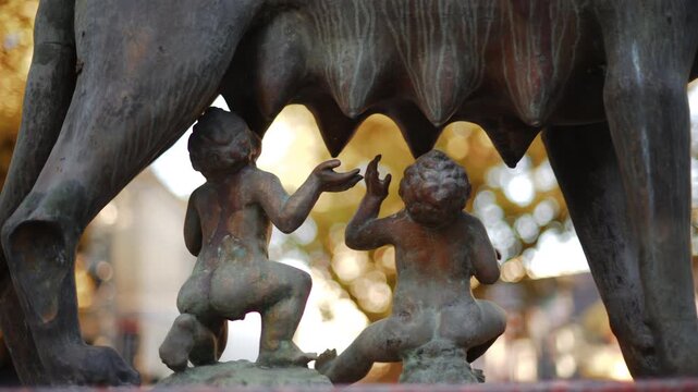 Historic bronze statue of the Capitoline Wolf with Romulus and Remus on a red marble pedestal in front of the National History Museum of Moldova