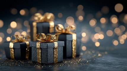 Luxurious black gift boxes adorned with shimmering gold ribbons and glittering confetti create an elegant festive atmosphere, perfect for special occasions.