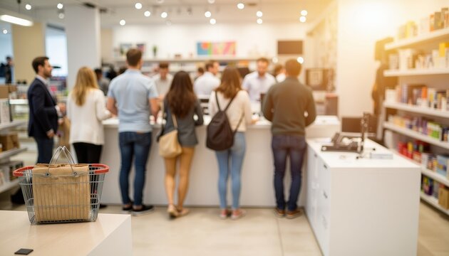 Group of people waiting in line at a retail store checkout counter  