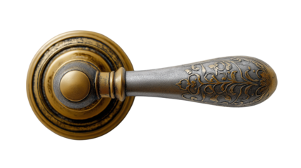 Metal antique doorknob isolated on white background or transparent png, vintage decorative handle for doors with classic ornate design.