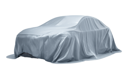 Gray car cover on a car isolated on white background or transparent png, protective vehicle cover against dust, weather, and scratches.