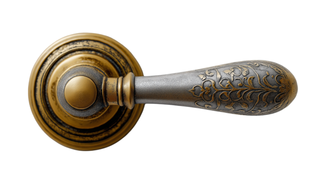 Metal antique doorknob isolated on white background or transparent png, vintage decorative handle for doors with classic ornate design.