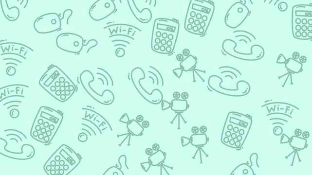 Seamless animated pattern with media and tech elements such as phones, cameras, and Wi-Fi. Ideal for digital communication and network-related visuals
