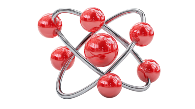 A 3D atom molecule model with connected spheres and bonds, isolated on a white or transparent  png background, symbolizing science, chemistry, and structure.