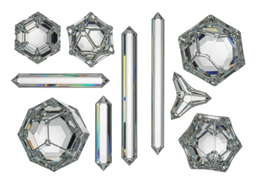 Highly detailed, transparent, iridescent crystal structures reflecting rainbow colors, floating against a pristine transparent studio background. Concept of crystalline perfection