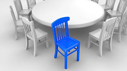 Unique blue chair stands out from group of white chairs around table