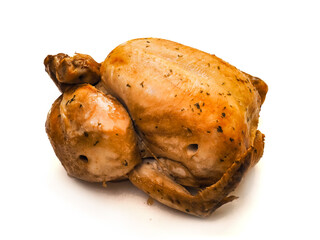 A whole chicken is sitting on a white background. The chicken is brown and has a crispy skin. Popular poultry product cooked to top standard. Food industry.