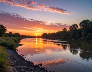 Sunset Reflections - A Serene River Landscape at Dusk.