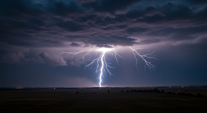 Dramatic thunderstorm with lightning striking over open field, symbolizing power and intensity of nature