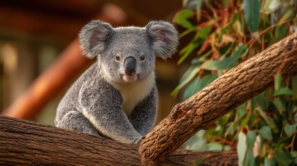 Naklejka premium Captivating Moment of a Koala Sitting on a Branch at the Zoo, A Beautiful Scene for Lifestyle Campaigns Inspiring Calmness and Tranquility.