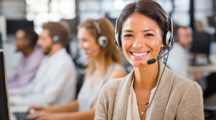 A friendly customer service representative smiles as she answers calls at a lively call center. Team members are engaged in assisting clients showcasing a collaborative work environment.