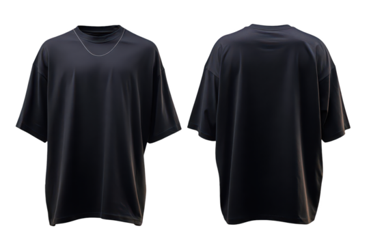 A front and back view of a sleek black oversized t-shirt mockup with a simple silver chain on a showing its smooth texture and relaxed fit  isolated on transparent background, perfect cutout, PNG