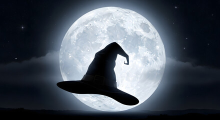 Silhouette of a lonely witch hat against a bright full moon at night  