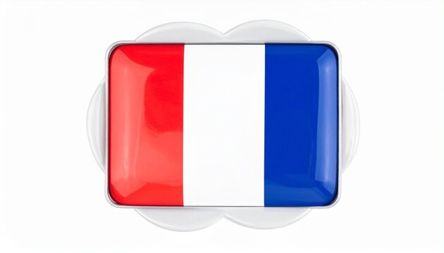 A rectangular dish with handles, designed in the vertical blue, white, and red stripes of the French flag