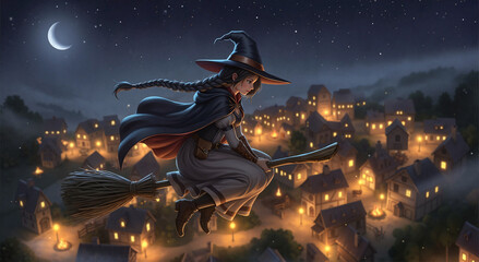 Witch flying with black cat on broom over city skyline at night  