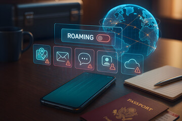 A phone screen shows a map of the world with a red circle on it