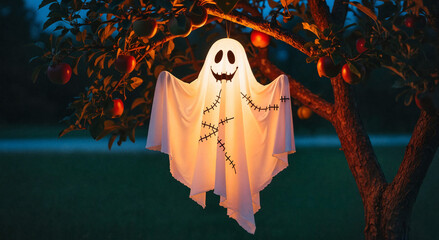 Glowing ghost with visible seams hanging from an apple tree at night  