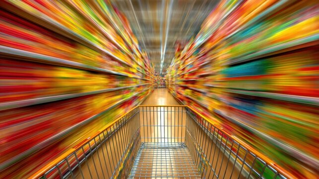 A shopping cart is centered in a grocery store aisle with shelves packed with brightly colored products on both sides. The cart appears to be moving fast creating a sense of excitement in shopping.