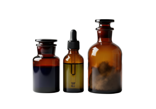 Three antique-inspired dark amber glass apothecary bottles: tincture jar (indigo), dropper (moss green), decanter (sepia), on transparent background with copy space, ancient alchemy concept