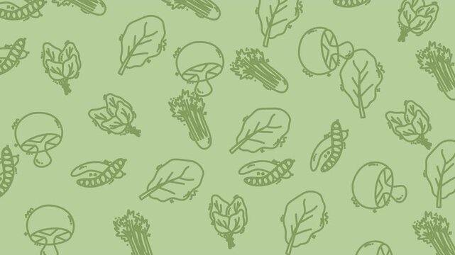 vegetable pattern featuring sketches of lettuce, mushrooms, and peas in doodle style on pastel green background. Great for organic branding and textile prints.