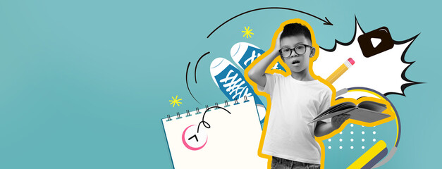 A child appears surprised while reading a book, surrounded by a collage of school-related items like sneakers, a calendar, and art supplies. The background has a bright color scheme.
