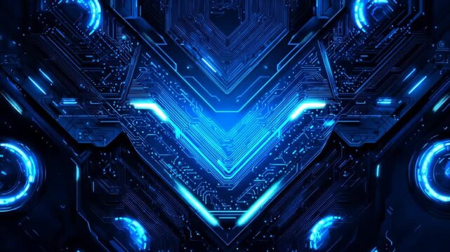 Abstract digital circuitry design with neon blue lighting and geometric shapes