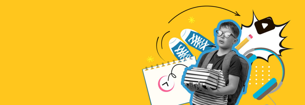 A bright collage features a young student with glasses holding a stack of books.