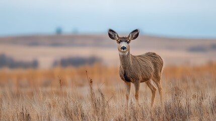 Naklejka premium Majestic Mule Deer Standing Gracefully Amongst a Verdant Field, Perfect for NatureInspired Projects Evoking Tranquility and Calmness.