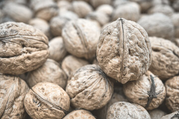 Close up photo walnuts, selective focus.