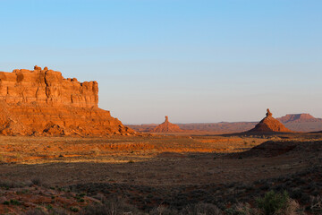 View of majestic rock formations at sunset in the Valley of the Gods, Utah