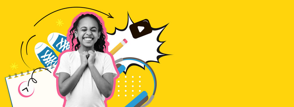 A happy child smiles broadly, expressing excitement in a vibrant collage filled with school supplies, technology, and fun. This lively scene captures the joy of learning and creativity.