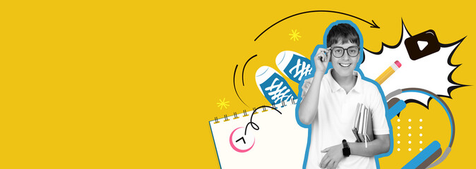 A bright and lively collage features a cheerful student holding books, surrounded by school supplies like sneakers, a notebook, and headphones.