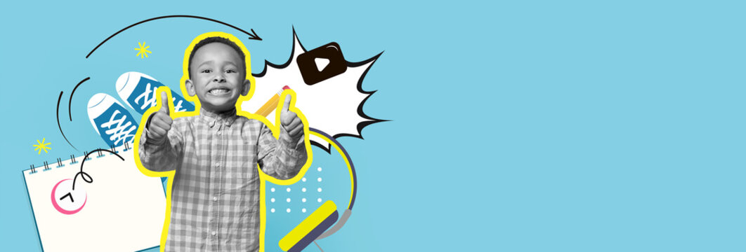 A cheerful child stands in the center, smiling and giving thumbs up.