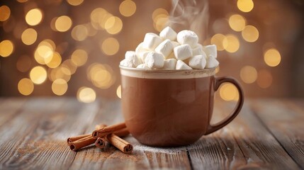 Cup of Hot Chocolate with Marshmallows and Cinnamon Sticks on Rustic Wooden Table