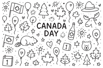 Canada day celebration doodles: flags, maple leaves, balloons, and beavers. Vector doodle illustration