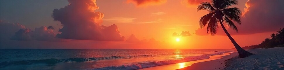 Serene Sunset Silhouette Lone Palm Tree on Pristine Beach, Evoking Peace and Solitude, Ideal for Travel and Relaxation Imagery