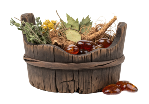 Aged, dark wooden bucket filled with dried herbs, fibrous roots, and glowing amber stones, macro on transparent background with copy space, soft light, natural remedies concept