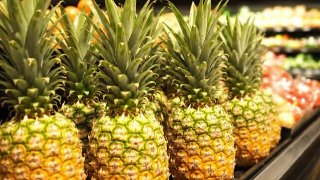A vibrant close-up shot showcases a neatly arranged row of fresh, ripe pineapples, glowing with a rich golden-yellow hue and adorned with their distinctive lush green spiky crown leaves. The textured 