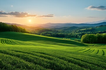 Rolling green fields at sunset with layered hills and glowing sky
